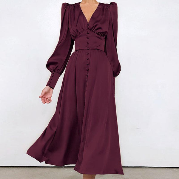 Gathered waist solid glossy maxi dresses