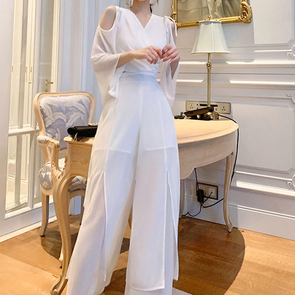 White cold shoulder strappy wide leg pant suits