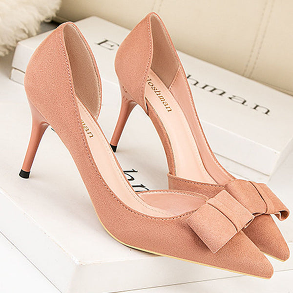 Suede bowknot pointed toe heels
