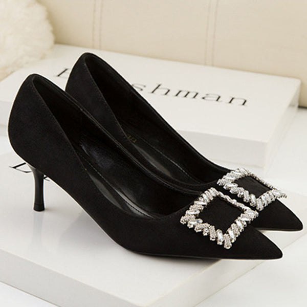Rhinestone buckle embellished pointed toe heels