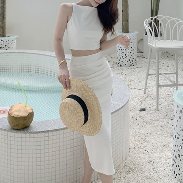 Sexy solid boat neck split skirt suits