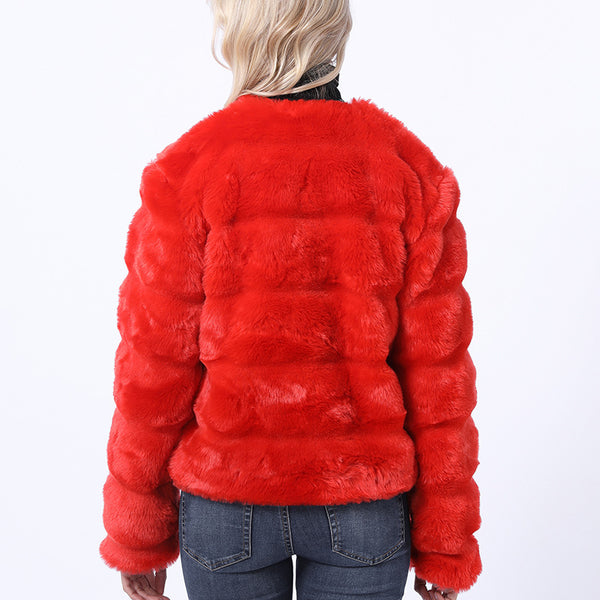 Faux fur patchwork v-neck short coats