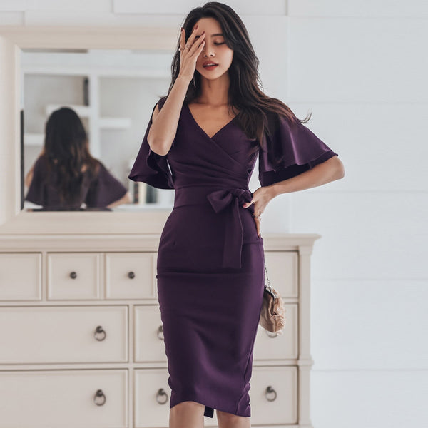 Flare sleeve belted bodycon dresses