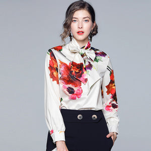 Print tie-collar pullover blouses