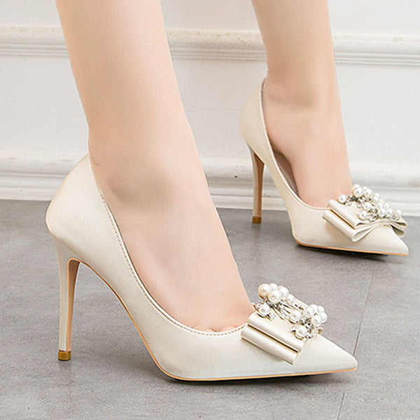 Satin pearl diamante high heels