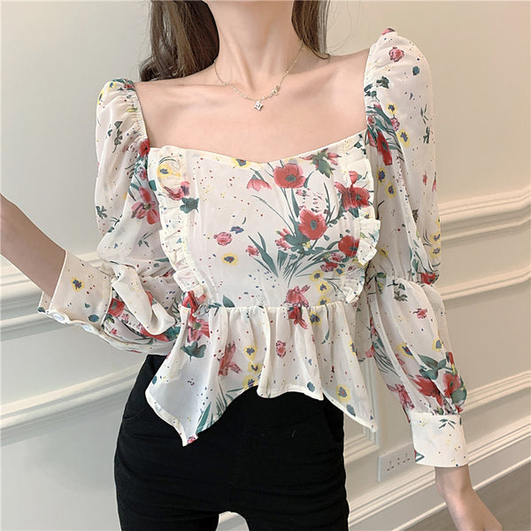 Square neck long sleeve print chiffon blouses