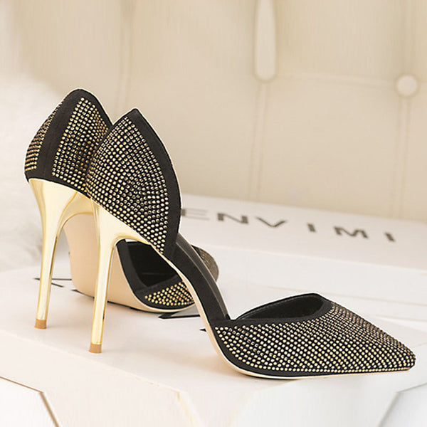 Satin both side cut out rhinestone stiletto heels