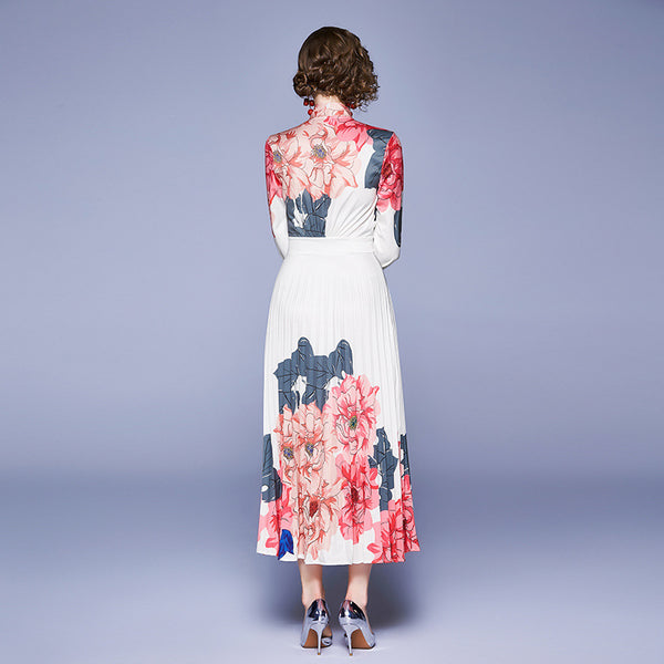 Bowknot floral print pleated maxi dresses