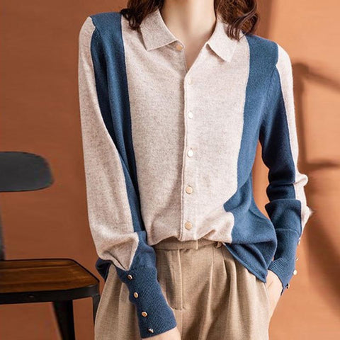 Vintage color block lapel long sleeve knitting blouses