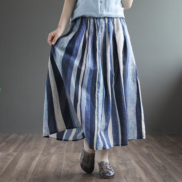 Vintage stripe linen elastic waist a-line skirts