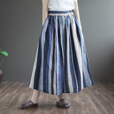 Vintage stripe linen elastic waist a-line skirts