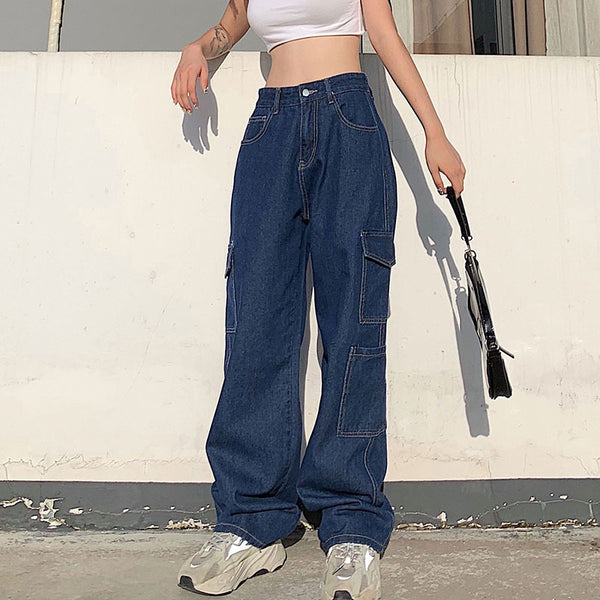 Solid color wide leg jean pants with pockets