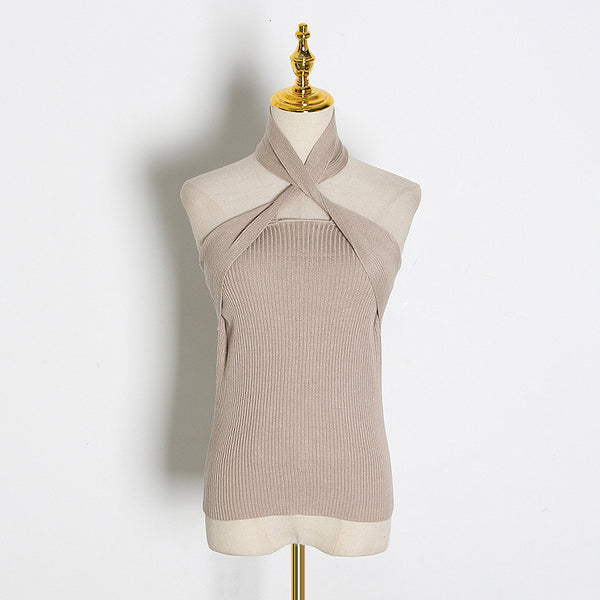 Solid halter neck sleeveless knitting tops