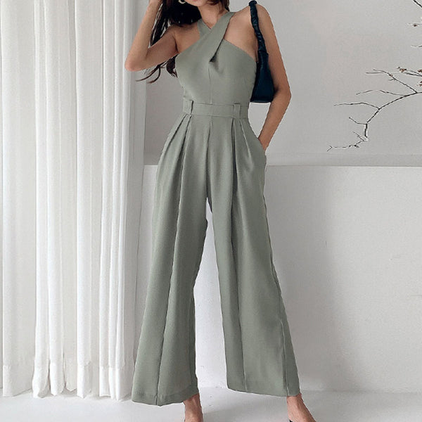 Green halter neck high waisted straight jumpsuits