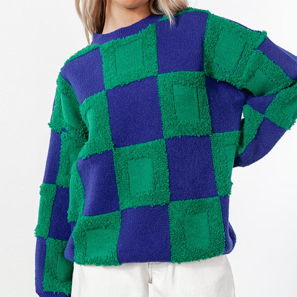 Plaid patch o-neck long sleeve sweaters