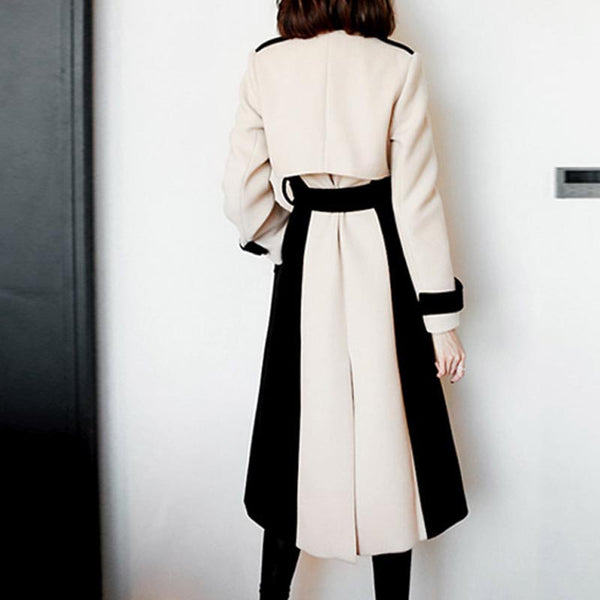 Chic color block lapel long sleeve woolen coats