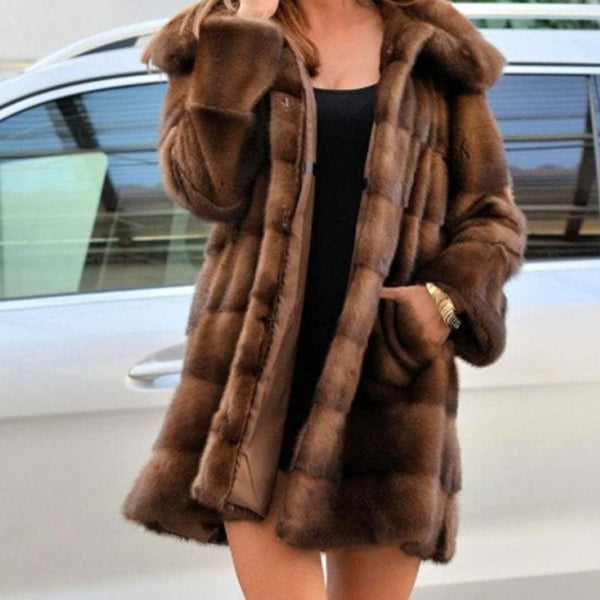 Stylish brown loose hoodied fur coats
