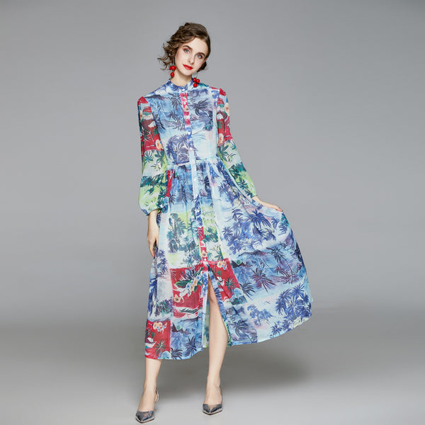 Mock neck print floral maxi dresses
