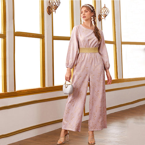 Pink long sleeve cinched waist jacquard jumpsuits