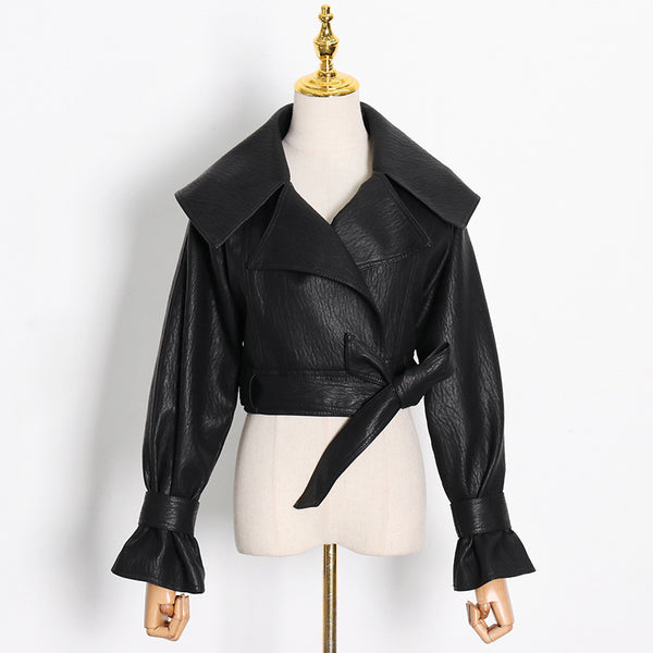 Lapel bowknot faux leather jackets