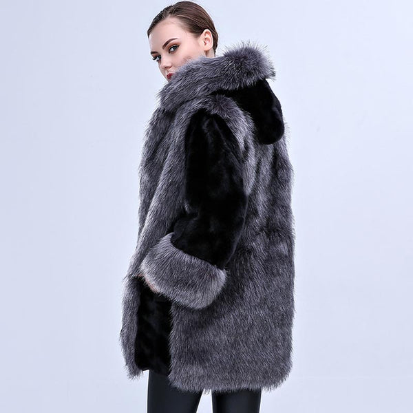 Hooded colorblock faux fur coats