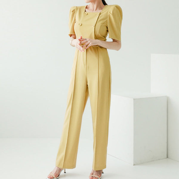 Yellow puff sleeve double-breasted jumpsuits