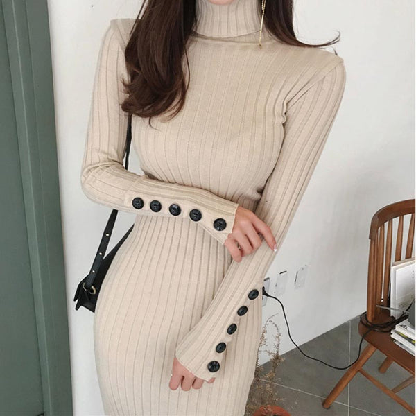 Turtleneck solid basic knitted bodycon dresses