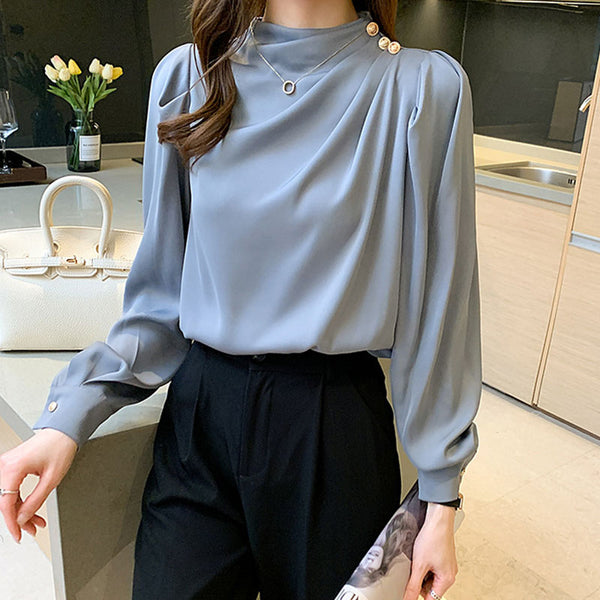 Cowl neck pullover loose ruched blouse