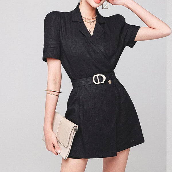 Black lapel belted rompers