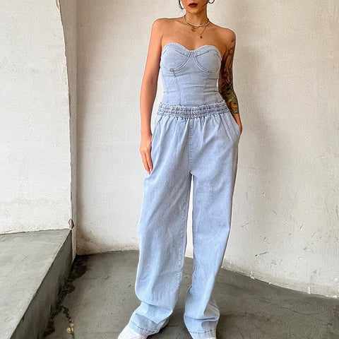 Sexy strapless denim slim tops and elastic waist wide leg pants suits
