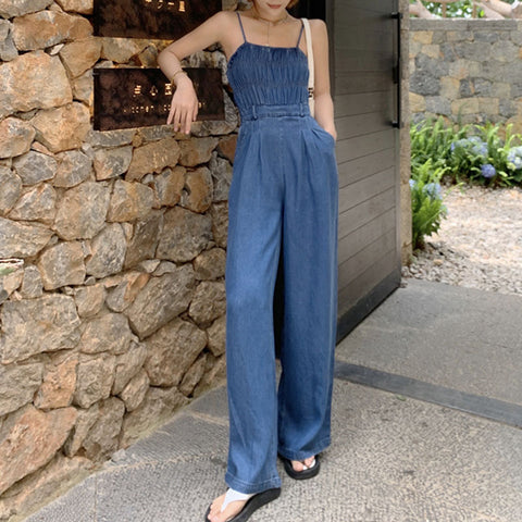 Fashion denim baggy jumpsuits with pockets