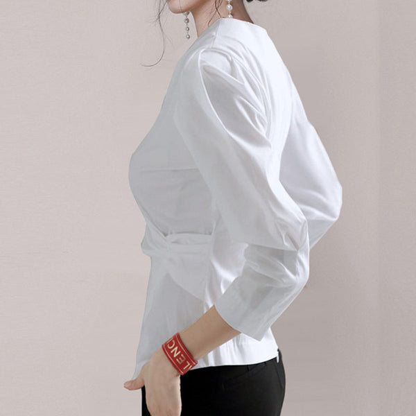 V-neck cinched waist irregular blouses
