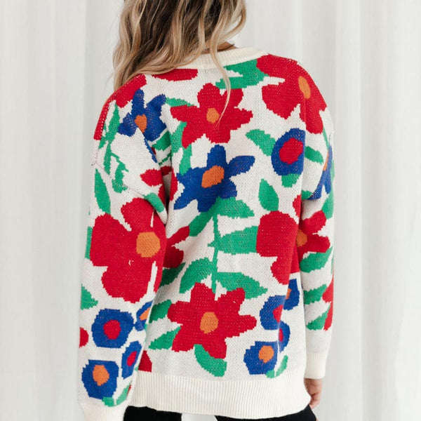 Jacquard flower o-neck long sleeve loose sweaters