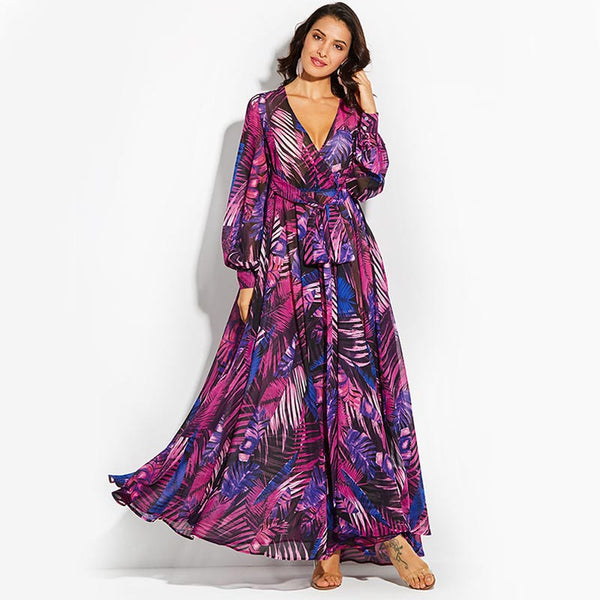 Plunging belted wrap floral maxi dresses