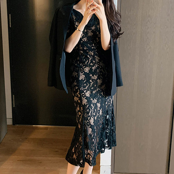 Elegant short sleeve lace peplum dress