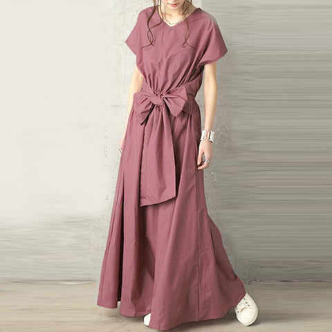Brief raglan sleeve bowknot maxi dresses
