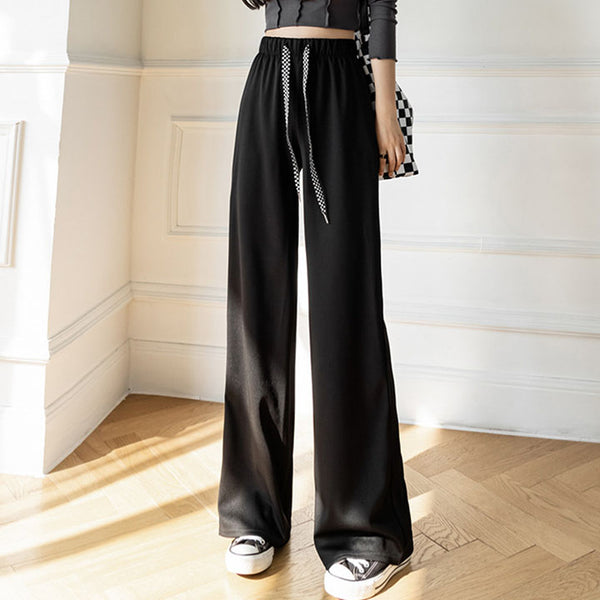 High waisted drawstring solid wide leg pants