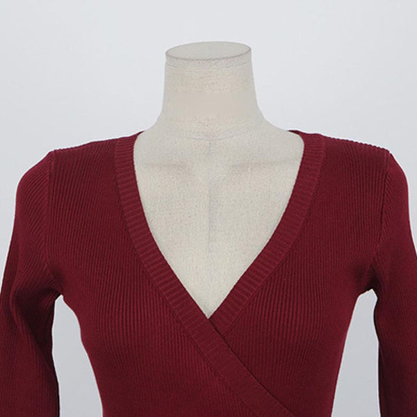 V-neck tied sheath sweater dresses