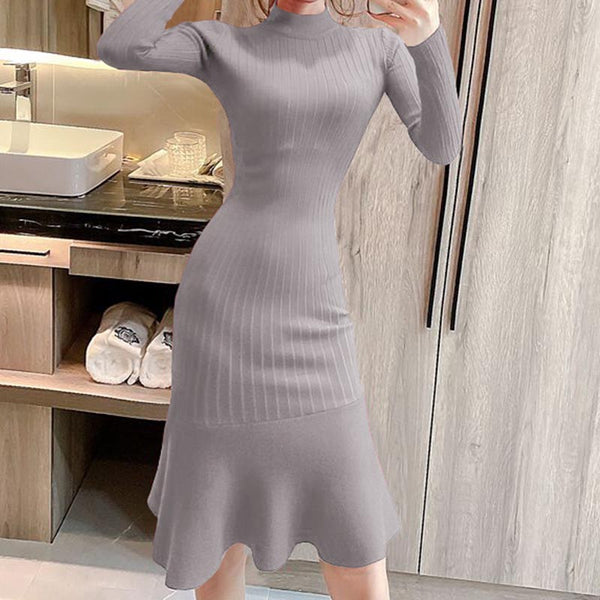 Solid mock neck knitted peplum dresses
