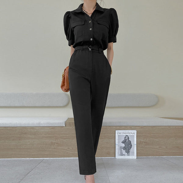 Black turn-down collar single-breasted belted jumpsuits