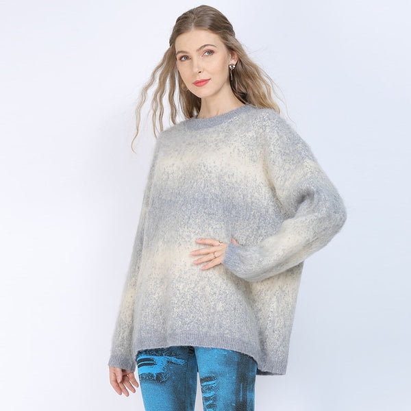 Crew neck gradient striped long sleeve fluffy sweaters