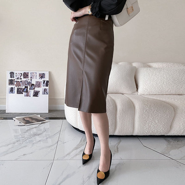 High waisted faux leather sheath skirts