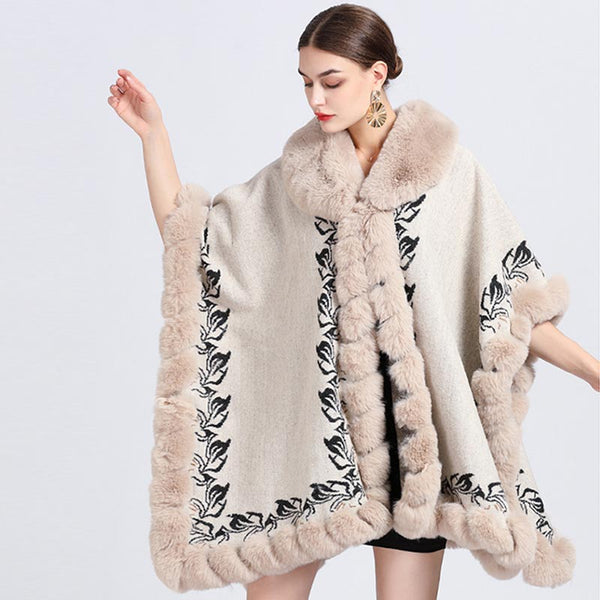 Ethnic jacquard fur patch ponchos coats