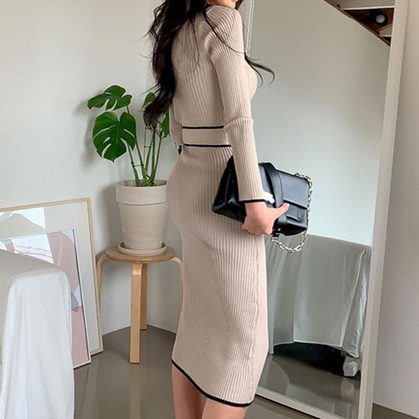 Long sleeve striped belted bodycon sweater dresses