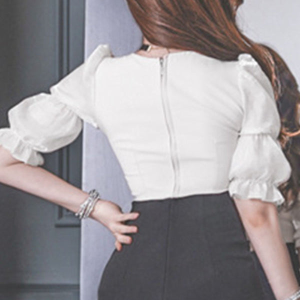 White v-neck half sleeve slim blouses