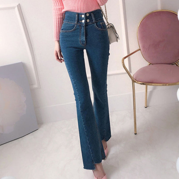 High waisted button-down rough selvedge flare jeans