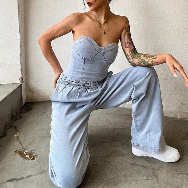 Sexy strapless denim slim tops and elastic waist wide leg pants suits