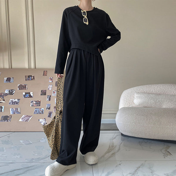 Casual pure color crew neck irregular tops and wide leg pants suits
