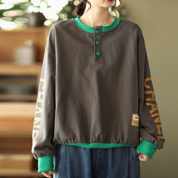 Letter print patch long sleeve loose tops