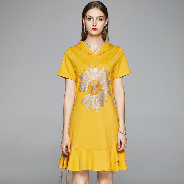 Chrysanthemum print ruffle hooded dresses
